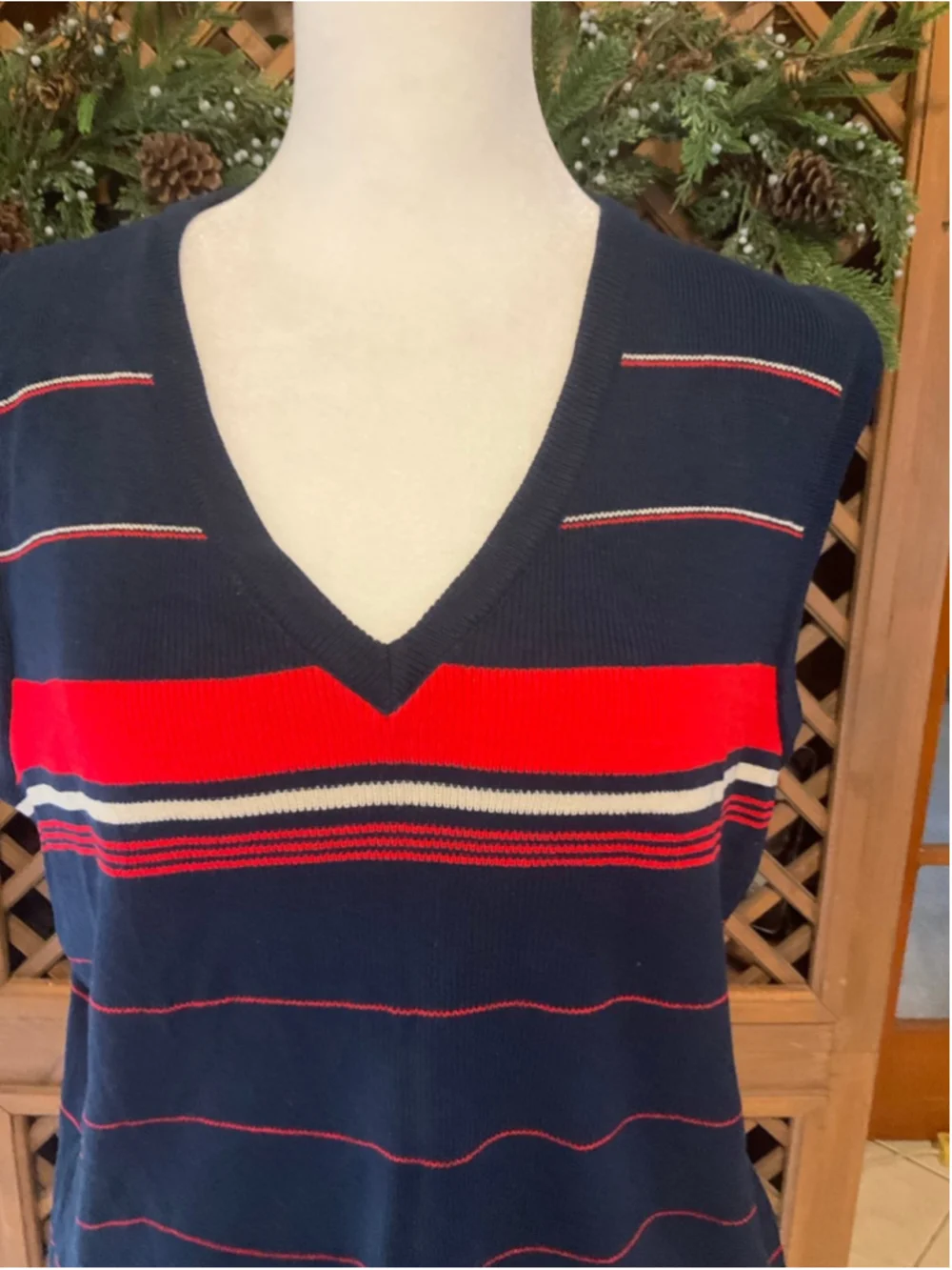 Vintage BHS Medium Navy Red Striped Sweater Vest Preppy Retro